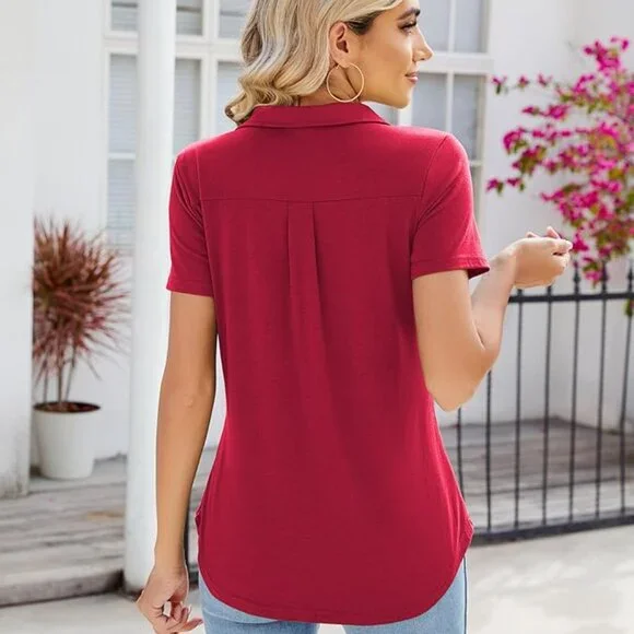 Women's L Red Polo Shirt Collared Work Top Short Sleeve Business Casual Dressy B - Picture 3 of 5